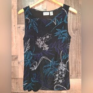 Chico's Travelers Black and Blue Floral Slinky Tank Top Size 1 (Small)